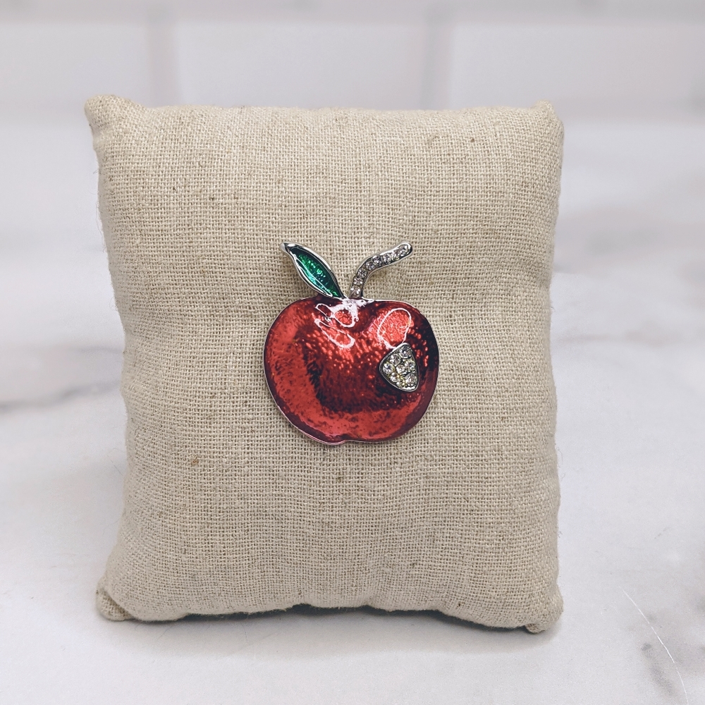 Shiny red enamel & crystal apple brooch